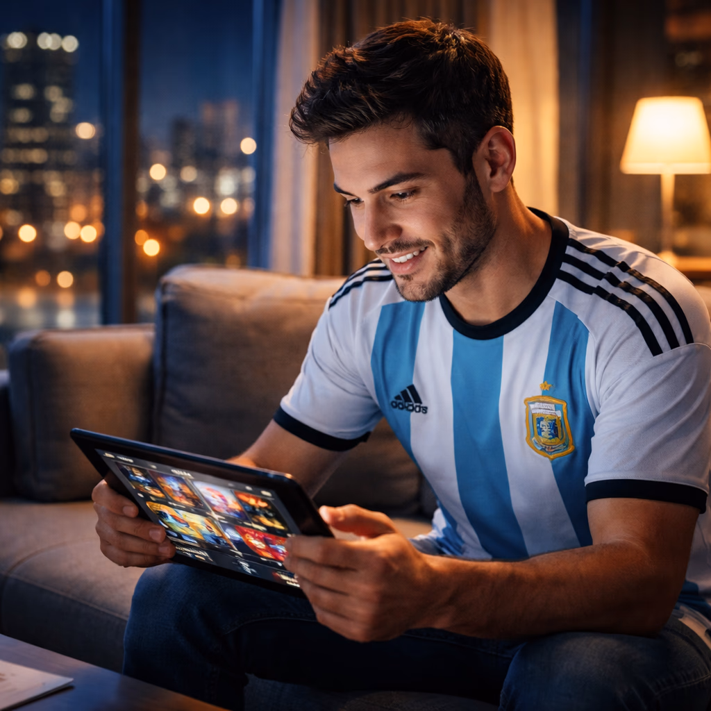 An Argentine player enjoying a winning session on DADOSBET with bright casino visuals on screen.