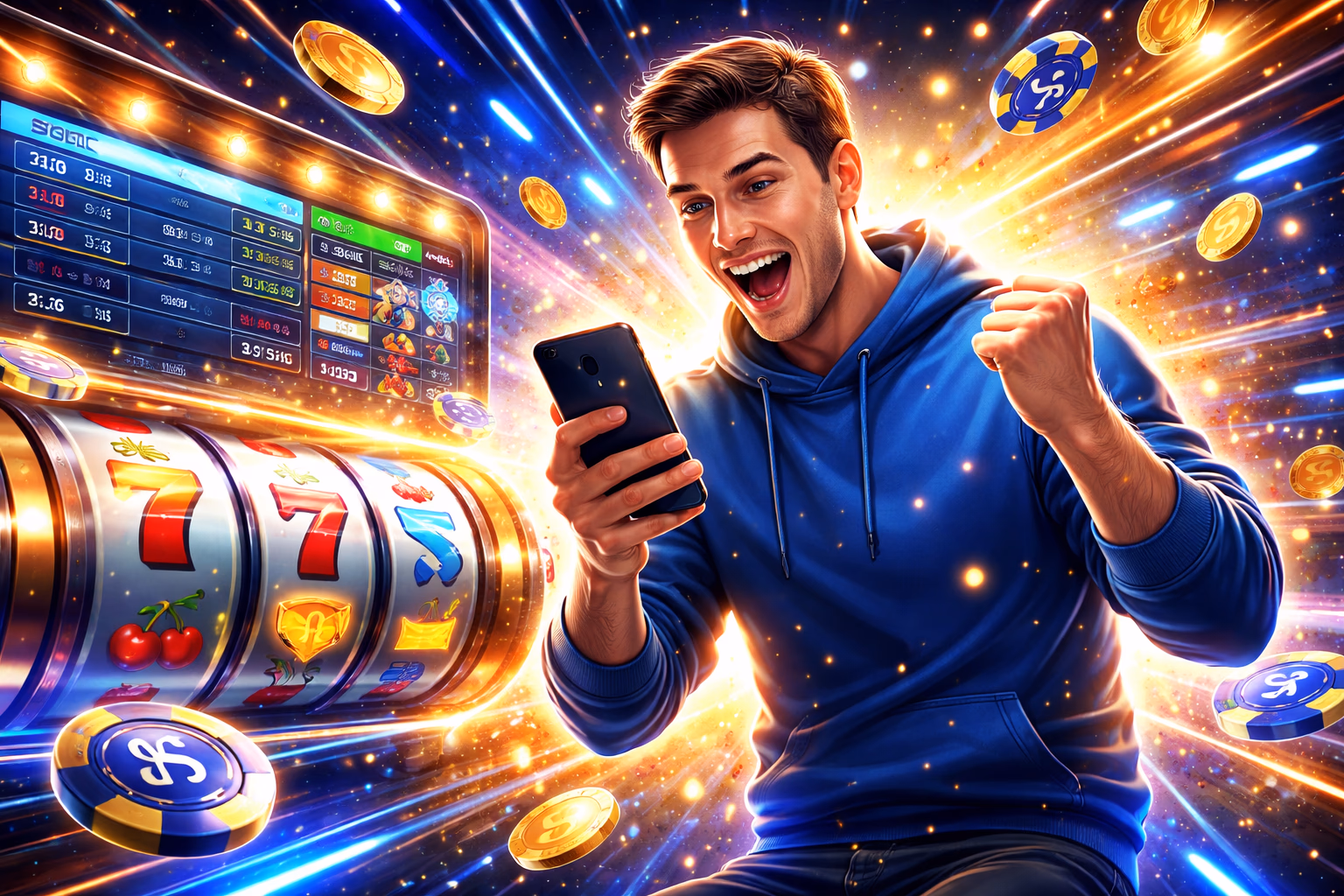 A player celebrating after joining DADOSBET and launching a winning casino session from a mobile device.