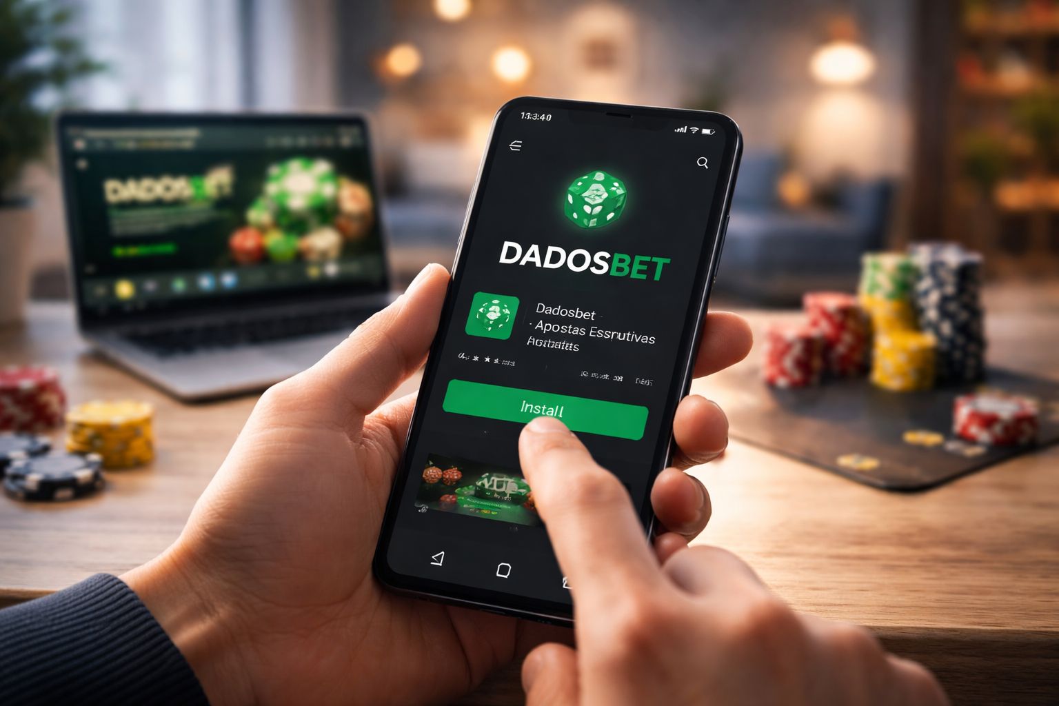 A smiling woman installing the DADOSBET Android app in a stylish indoor setting with a clear mobile interface on screen.