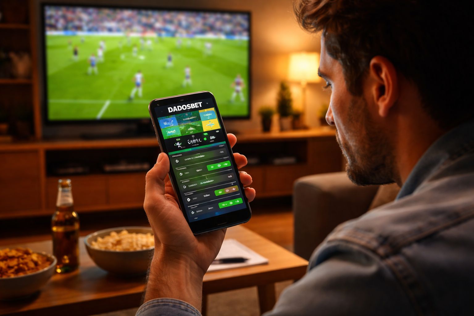 A focused bettor watching a live match while using the DADOSBET platform on a smartphone with changing in-play odds.