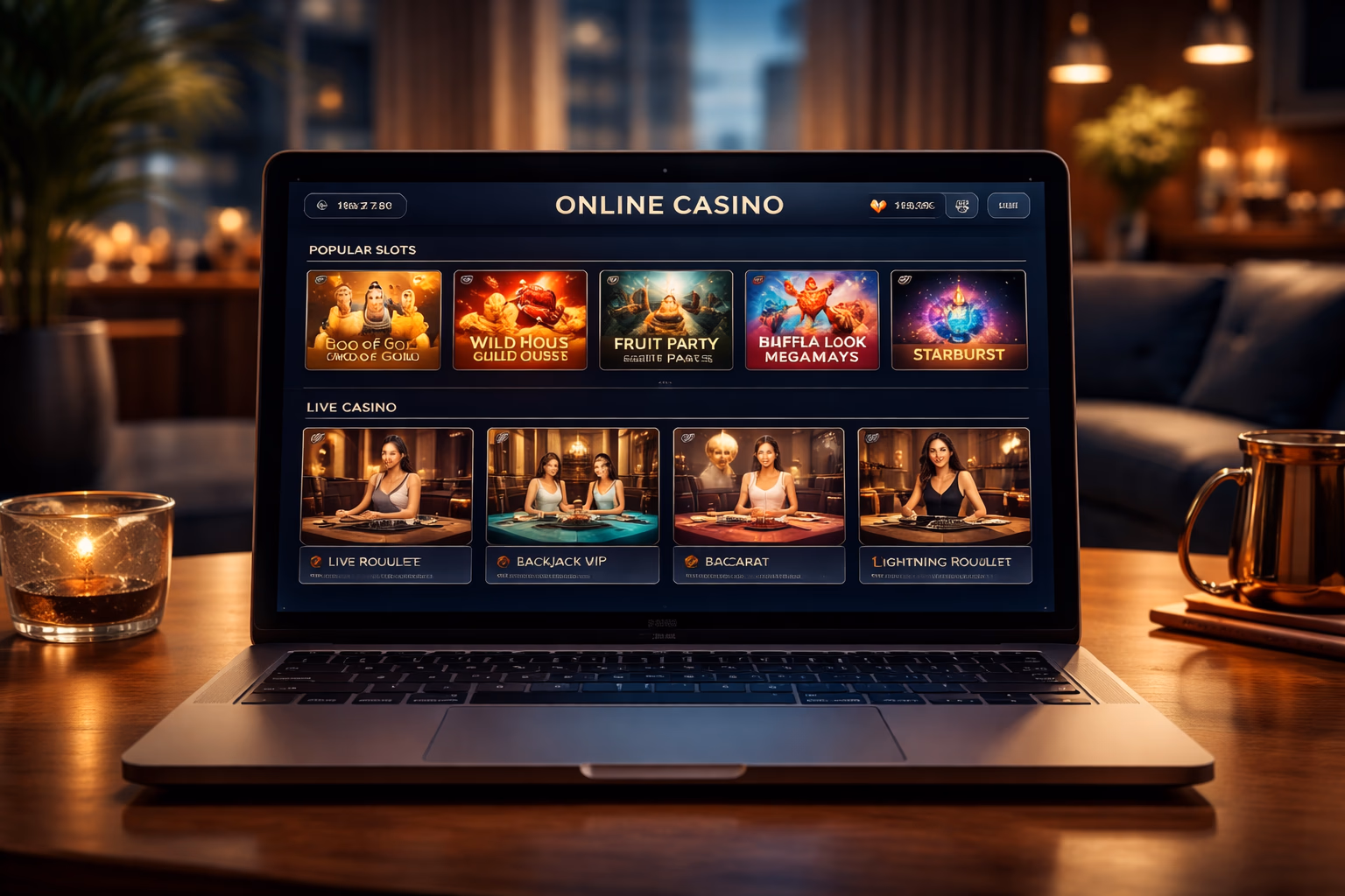 An Argentine user reviewing the DADOSBET casino lobby on a laptop with colorful slot icons and live game categories visible.