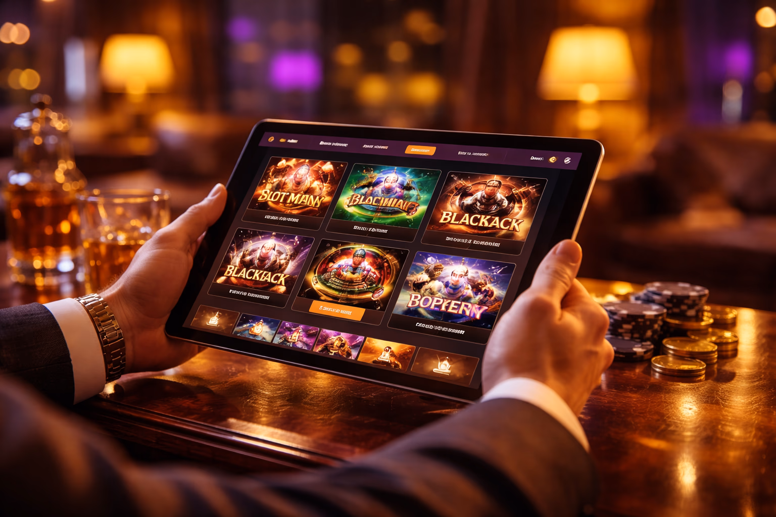 An engaged online casino player using a tablet with DADOSBET games in a stylish interior illuminated by vivid digital light