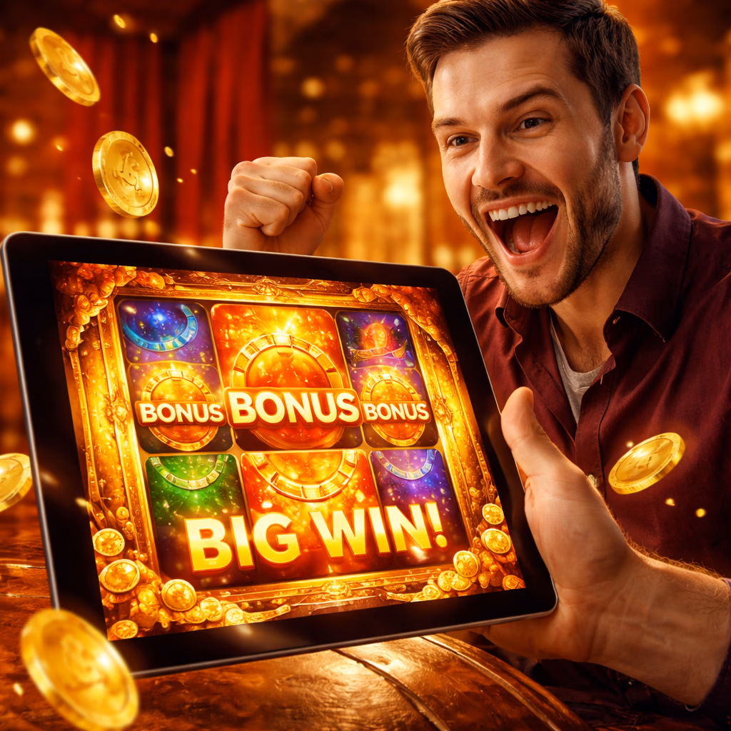 A happy woman celebrating a reel win on her tablet while using the DADOSBET platform in a modern indoor setting.